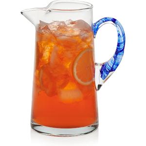 Libbey Cabos Large Glass Pitcher, 90 Oz Handcrafted Glass Water Pitcher with Spout and Blue Handle, Artisan-Inspired Water Carafe for Tables, Kitchen