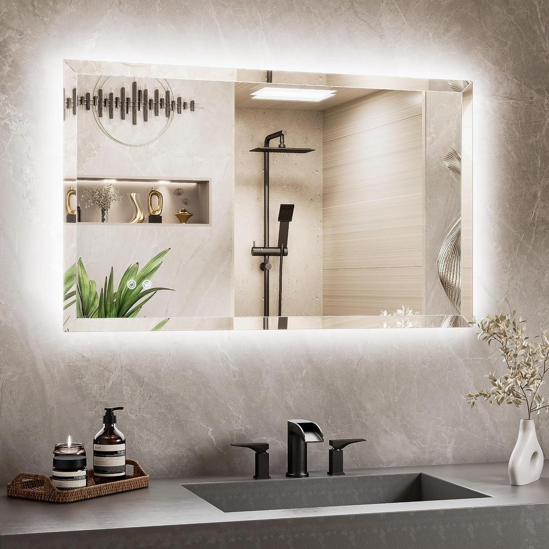 TETOTE Backlit Bathroom Mirror 40 x 24, Frameless LED Mirror for Bathroom, Tempered Glass, 3 Colors Lights, Defogging, Adjustable Brightness, Memory Function, Light Up Bathroom Mirrors for Over Sink