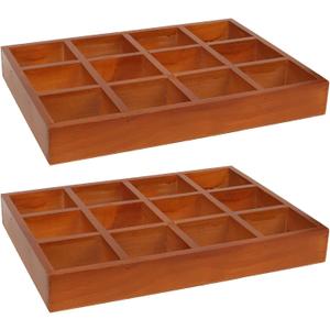 2 Pack Wooden Jewelry Drawer Organizer Trays - 12 Grid Low Profile Divider Inserts for Earrings, Rings, Bracelets & Bangles - 13.2" x 9.3" Wood Display Storage Box Fits Vanity Dresser Drawers