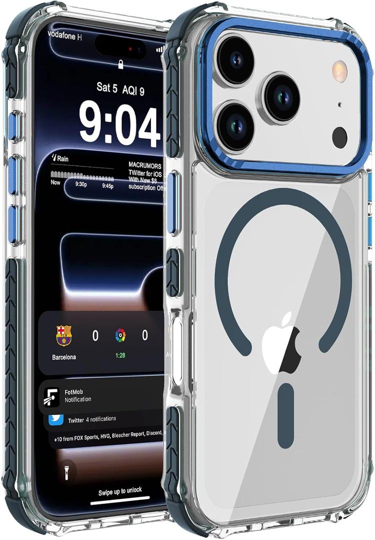 DEERLAMN Strong Magnetic Case for iPhone 17 Pro 6.3-Inch,[Compatible with Magsafe][Military Grade Drop Protection] Clear Slim Shockproof Protective Phone Cover-Transparent+Blue