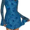 BTFBM Women Floral Wedding Guest Dress Fall 2025 Casual Long Sleeve Crew Neck Flowy Party Cocktail Mini Dresses(Floral Blue, X-Large)