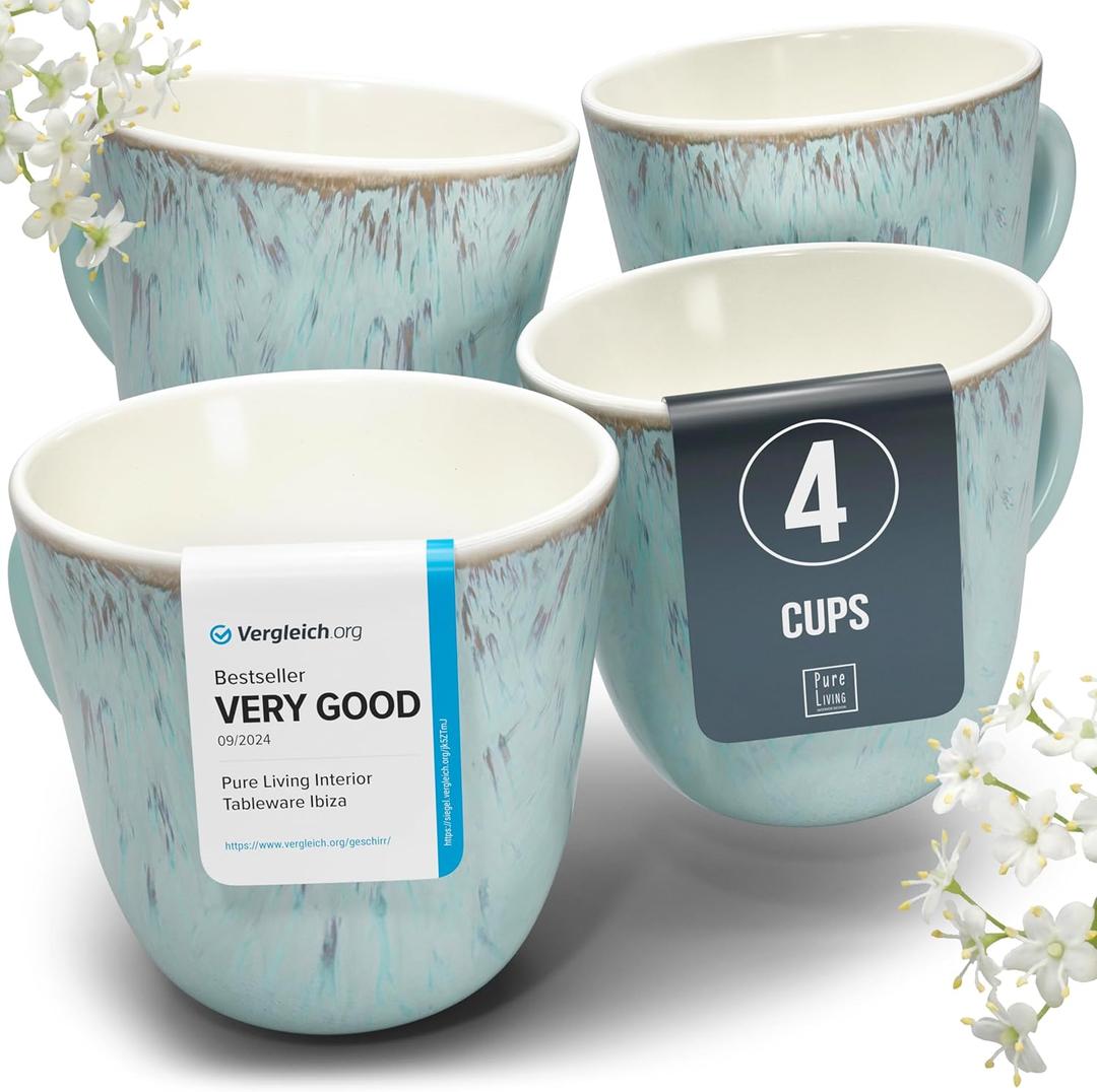 Stoneware Coffee Mug Set of 4, Stylish Modern Beige-Blue Cups, 14.5 Oz Ceramic, Dishwasher and Microwave Safe, Solid Mediteran Set