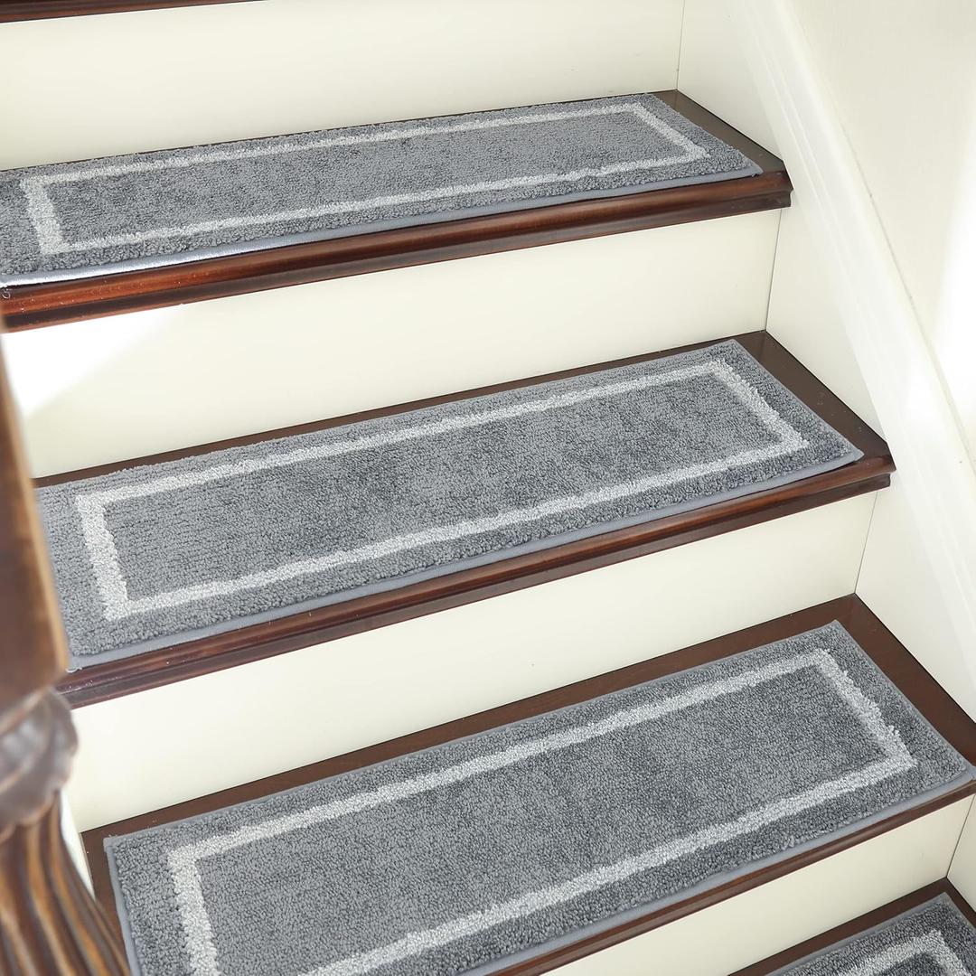 COSY HOMEER Soft Stair Treads 15pcs Non-Slip Carpet Mat 28inX9in Indoor Stair Runners for Wooden Steps,Stair Rugs for Kids and Dogs, 100% Polyester TPE Backing Grey