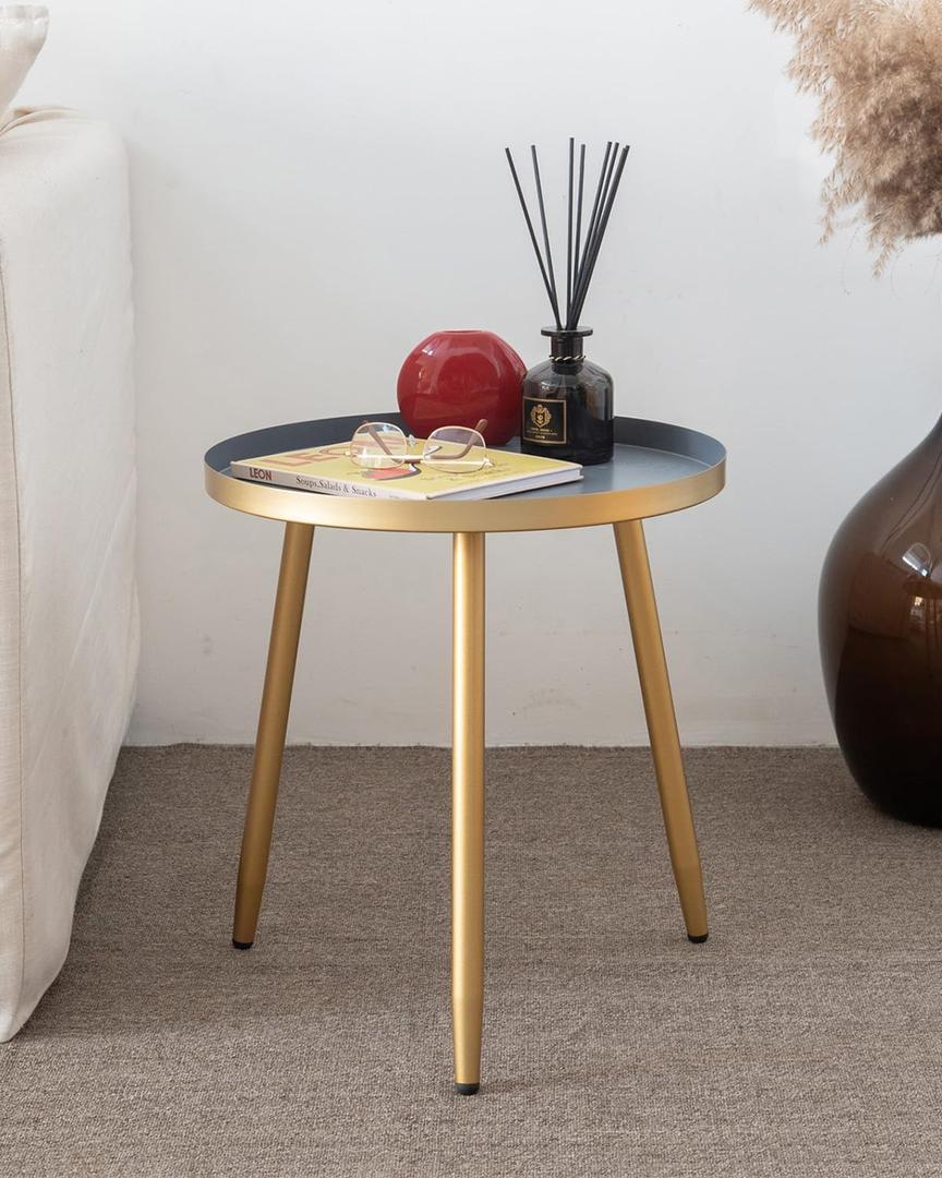 AOJEZOR Side Table: End Table for Indoor Use - Round Side Tables for Small Spaces - Grey Top 3 Legged Gold (16.9Dia x 17''H)