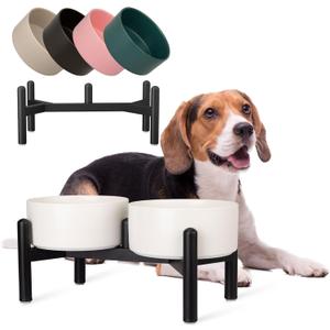 Raised Ceramic Dog Bowl Set - Elevated Double Dishes with Stainless Steel Stand - Food and Water Bowls for Small to Medium Dogs - Each Holds 2 Cups (28.75 fl oz) - White