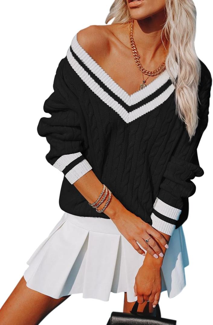 Womens V Neck Oversized Sweaters Long Sleeve Cable Knit Pullover Striped Chunky Sweater Casual Tennis Tunic Tops (Small, All Black)