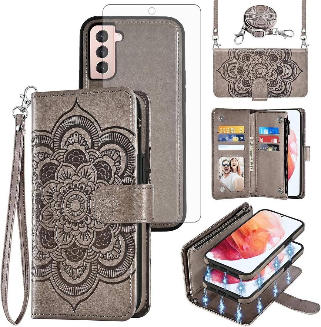 Asuwish Phone Case for Samsung Galaxy S21 5G 6.2 inch Zipper Wallet Magnetic Detachable Cell Cover with Tempered Glass Screen Protector Crossbody Strap Flower Card Holder S 21 21S G5 Women Girls Gray