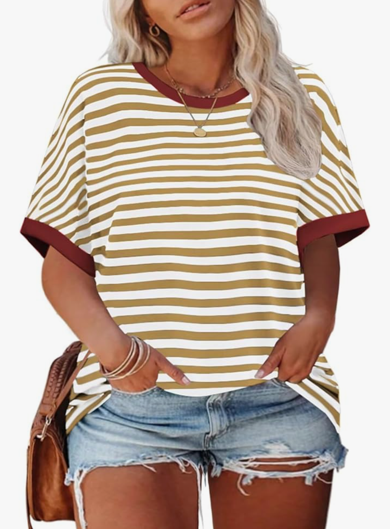 ROSRISS Womens-Plus-Size-Tops Summer Striped Short Sleeve Casual Crewneck Oversized T Shirts Trendy Color Block Basic Tunics Size XXL