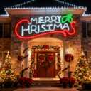 Outdoor Lighted Merry Christmas Holly Leaf Sign Decoration 50" Extra Large Red and Green Waterproof LED Neon Pre Lit Display Christmas Garden Yard Window Wall Store Holiday Decoration