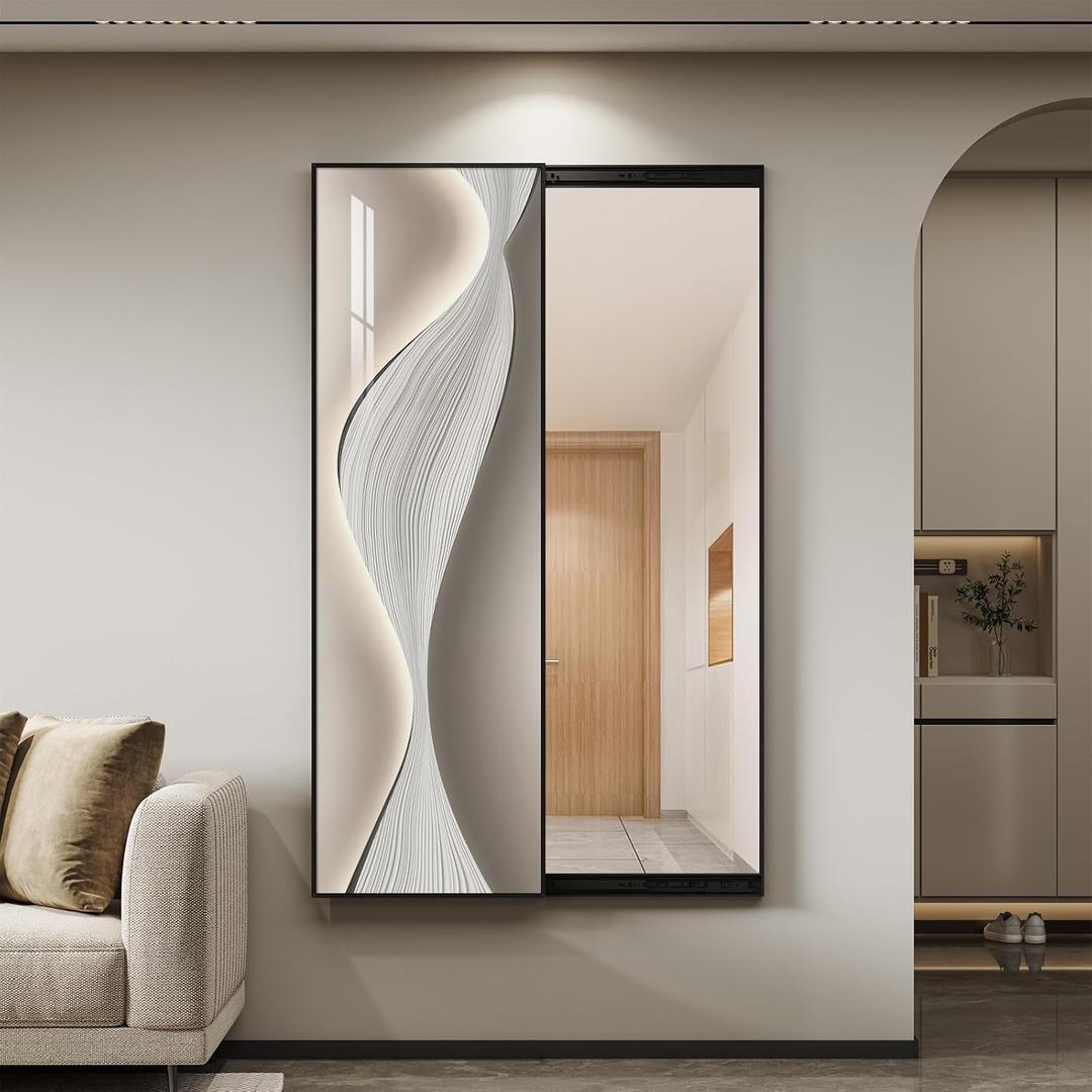 Framed Sliding Full Length Wall Mounted Mirror, Large Vertical Modern Abstract Full Body Mirrors for Wall Decor Living Room, Minimalist Elegant Silver White Mirror Wall Art for Bedroom, Hallway
