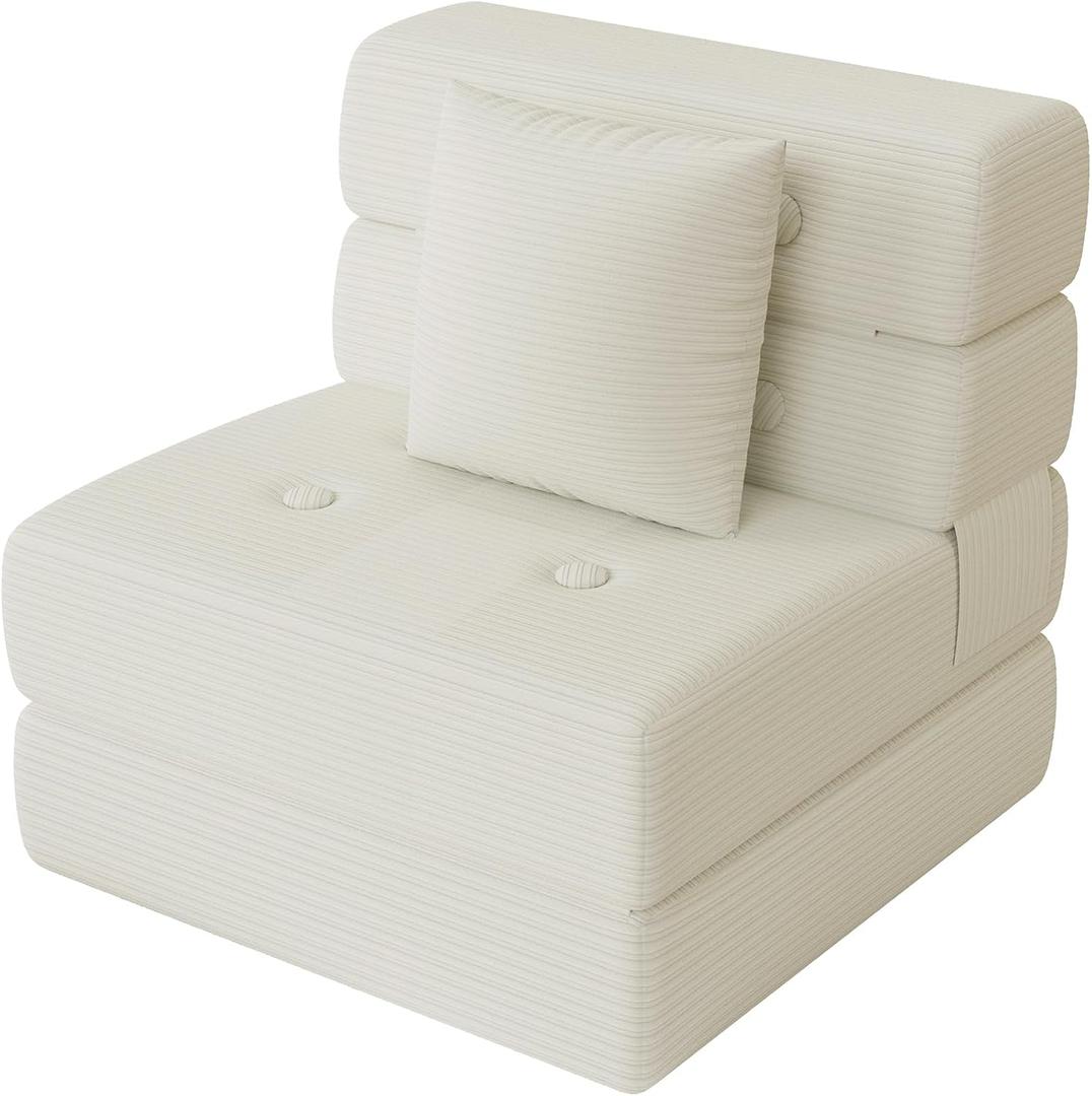 Folding Sofa Bed, Convertible Sleeper Chair & Couch Bed with Pillow, One-Piece High-Density Sponge Mattress, Multi-Purpose Corduroy Floor Sofa for Living Room, Office, Apartment, Beige, Single