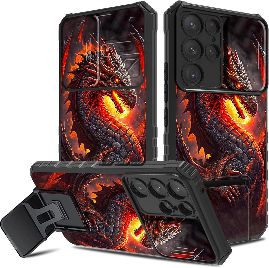 for Samsung Galaxy S25 Ultra Case, Hidden Camera Cover Foldable Kickstand, Shockproof Anti-Scratch Anti-Fingerprint Slim Fit Full Body Protection Case for Galaxy S25 Ultra 6.9", Fire Dragon