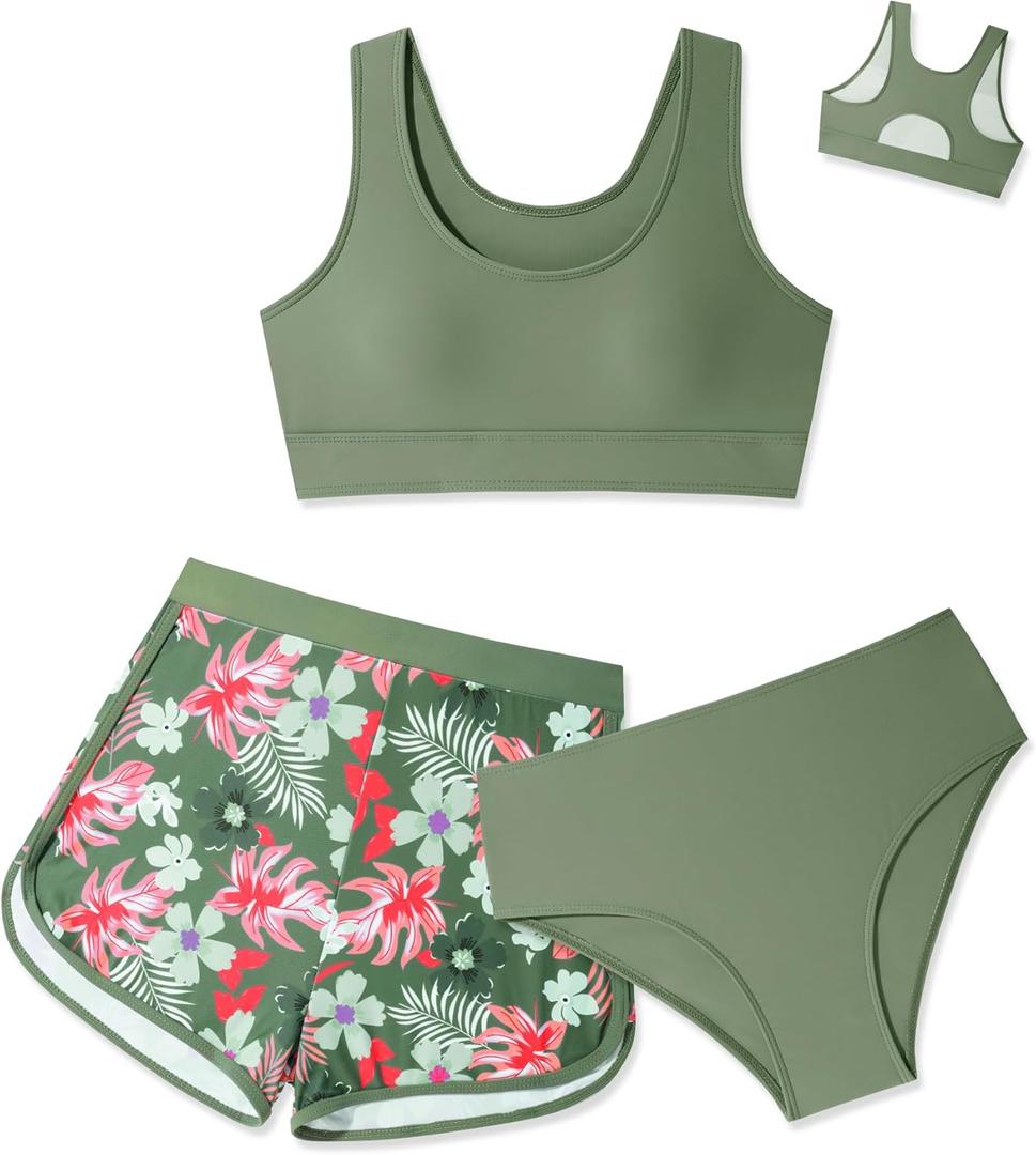 Girls Swimsuit 3 Piece Bikini Set with Shorts Tropical Floral Print Bathing Suit Girls' Swimwear 7-16T (7-8 Years, Green)