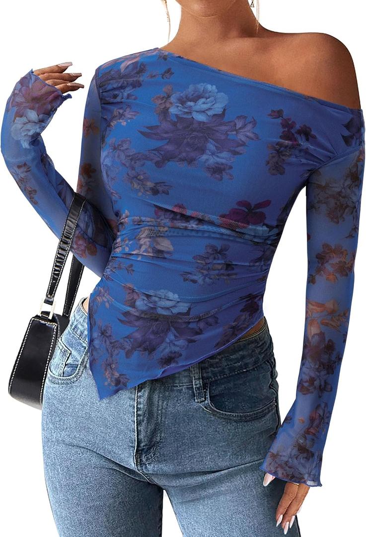PRETTYGARDEN Womens Fall Trendy Off Shoulder Y2k Tops 2025 Tie Dye Mesh Long Sleeve Shirts Asymmetrical Ruched Floral Blouse (Medium)