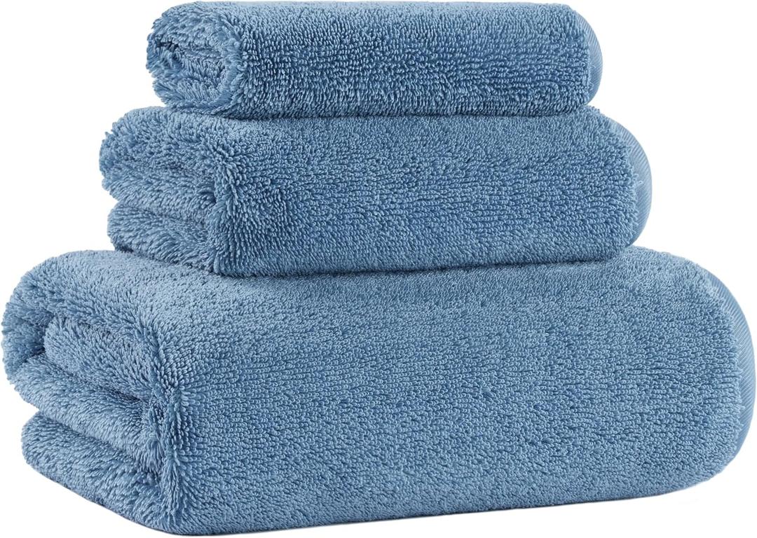 MICROFI Ring Spun Terry Microfiber Bath Towel Set, 3 Piece, Oversize, Quick Dry, Lint Free, Includes Bath, face, and Hand Towels (Blue)