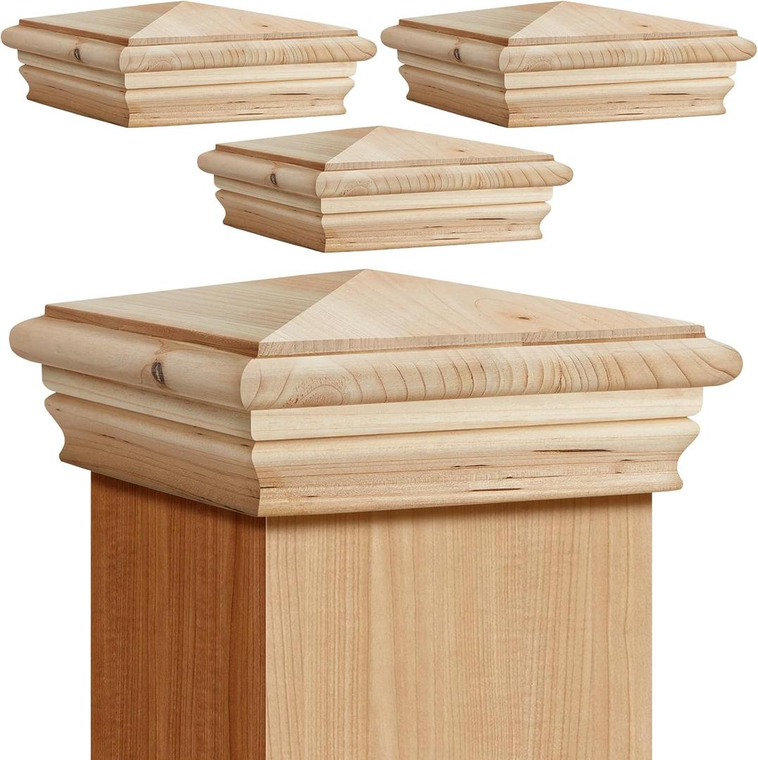 Geetery 4 Pcs 4x4" (Actual 3 x 5/8) Wood Newel Post Cap Fence Cedar for 3. 5 Inch Post Cover Rot Resistant Decking Caps for Outdoor Fences Mailboxes Decks