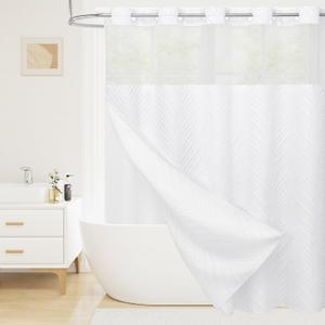 No Hook Boho White Shower Curtain and Liner Set, Modern Fabric Shower Curtain with Snap in Liner, Tufted Style with See Through Top Window Shower Curtains for Luxury Bathroom Decor, 72x74