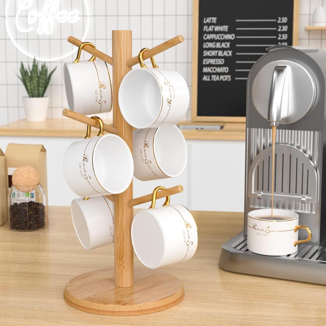 Wisuce Bamboo Mug Tree with Thicker Base  Countertop Coffee Cup Stand with 6 Hooks