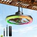 20" Outdoor Ceiling Fans with Light for Patios, 16.4ft Waterproof Plug in Ceiling Fan, 6 Speeds Reversible Hanging Fan, 2 Downrods,with Bluetooth Speaker & RGB for Patio, Porch, Pergola