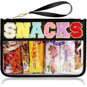 Snack Bag for Travel - Clear Chenille Varsity Letter Flat Pouch with Zipper, 12.28.46 inch Waterproof Clear Nylon Preppy Patch Makeup Cosmetic tote Bags for Women Girls