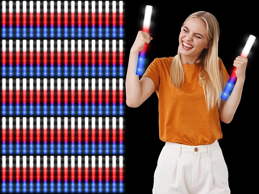Junkin 90 Pcs 4th of July Glow Sticks Bulk 15. 8" Independence Day Red White and Blue LED Foam Lighted Sticks Patriotic with 3 Flashing Modes for Memorial Day Birthday Party