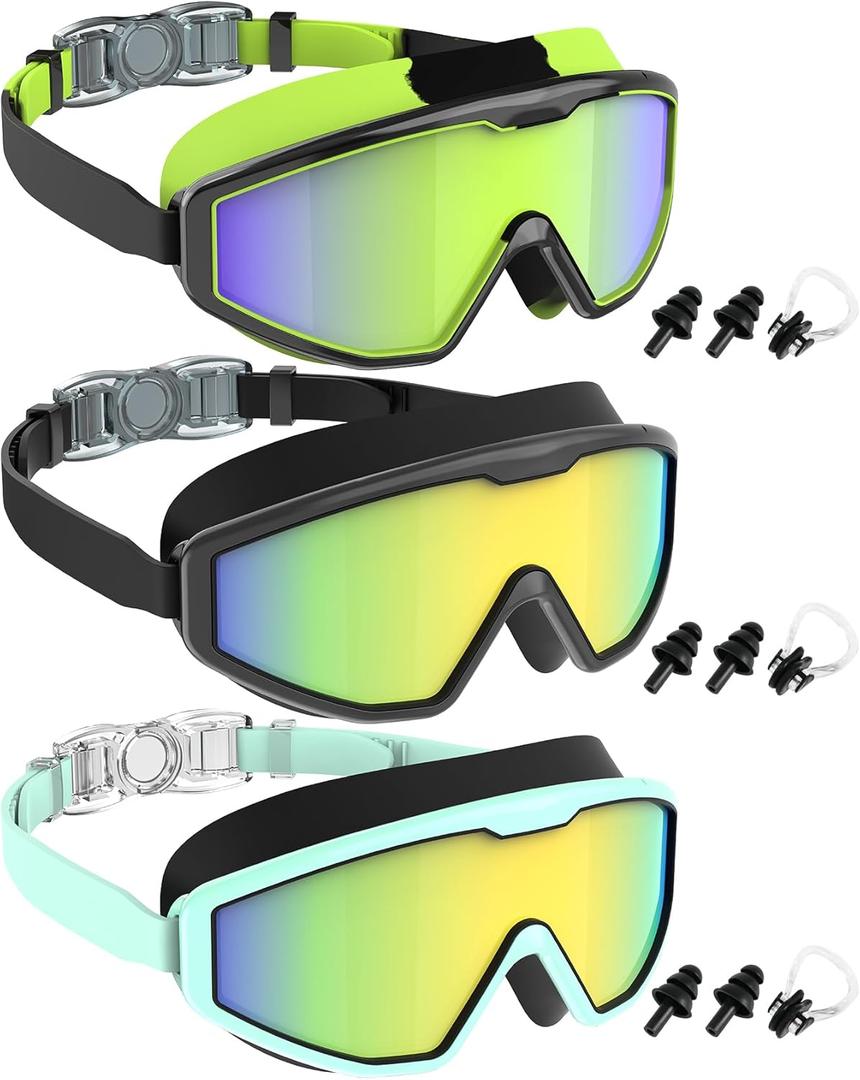NSSIW Swim Goggles Swimming Kids-Goggles: Anti Fog No Leak with Nose Clip Earplugs for Girls Boys Youth 6-14 3 Pack (01 Black Green & Black Gold & Light Green Gold)