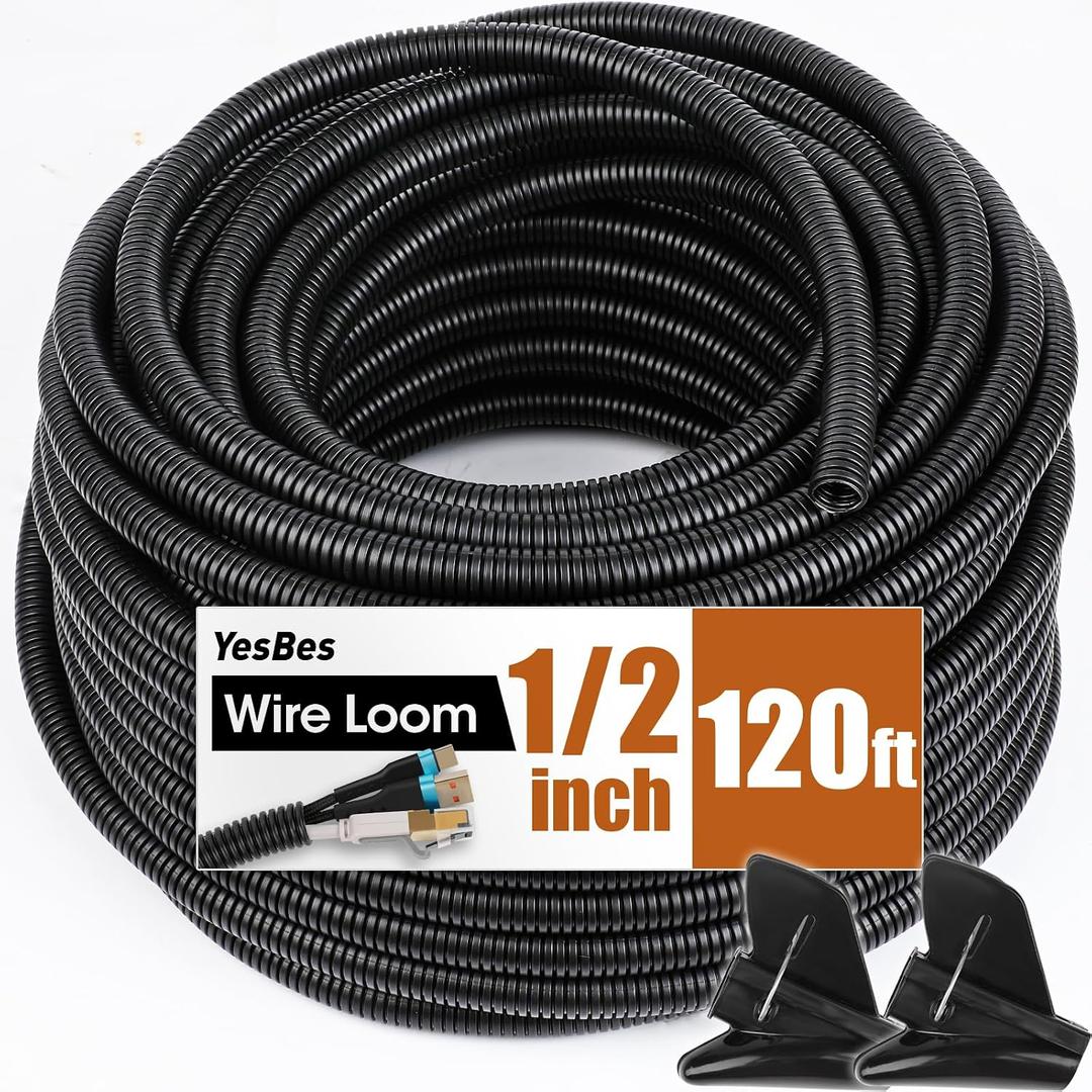 120 FT Wire Loom 1/2 Inch, Split Wire Loom Tubing Wire Conduit, Wire Protector Tubing Black