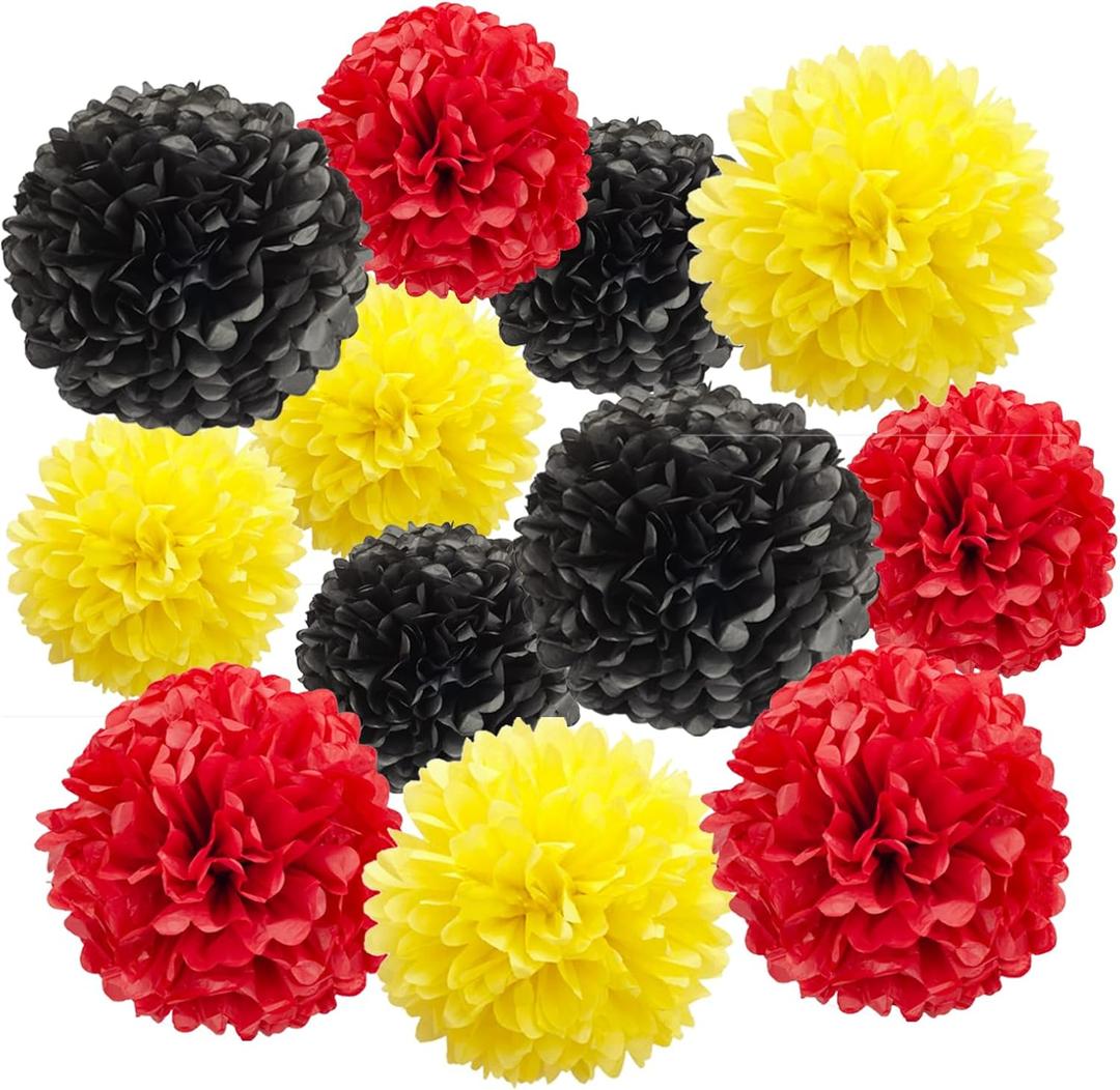 Aimto 12pcs Red Yellow and Black Paper Pom Poms Decorations for Party Ceiling Wall Hanging Tissue Flowers Decorations - 3 Colors of 12 Inch, 10 Inch.