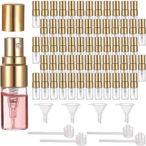 Lnrueg 100 Pcs Mini Spray Bottles, 0.07 oz/2 ml Refillable Glass Perfume Bottles, Portable Travel Sample Containers with Caps, Fine Mist Atomizers with 4 Funnels and 4 Dispensers, Gold