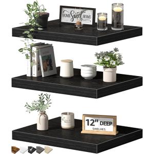 QEEIG 12" Deep Floating Shelves for Wall - 12 x 16 inch Book Shelf Bathroom Bedroom Kitchen Living Room Hanging Bookshelf Farmhouse Set of 3, Black (026-40B3)