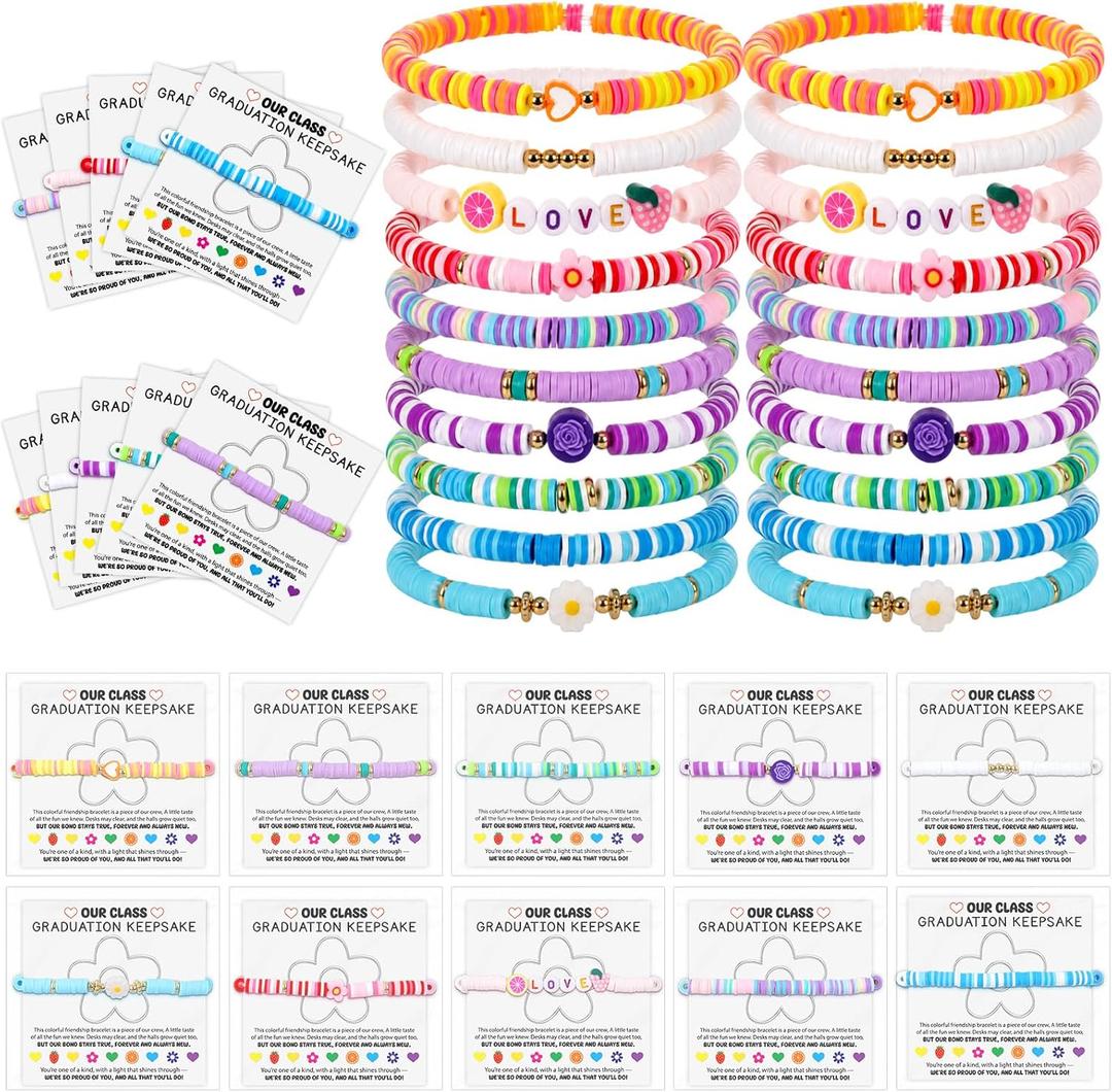 QOUBAI 36 Sets End of Year Friendship Bracelets with Cards 2026 Graduation Gift Bulk Colorful Flower Heart Fruit Clay Stretch Stackable Beaded Wristbands for Graduation Ceremony Prom Class Party Favor