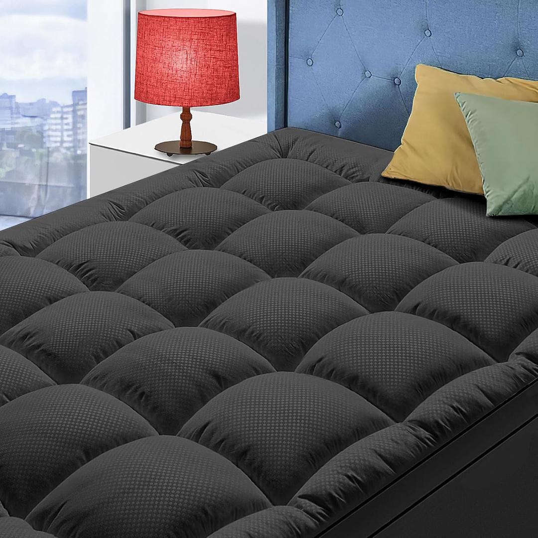 Queen Size Mattress Topper for Back Pain, Cooling Extra Thick Mattress Pad Cover with 8-21 inch Deep Pocket, Plush Pillow Top Mattress Topper Overfilled with Down Alternative, Queen Size, Black