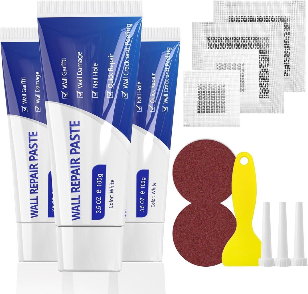 SEISSO Drywall Repair Kit, Wall Mending Agent*3(100g), Wall Patch*4, Scraper and Sandpaper*2, Wall Repair Paste Kit for Wall Cracks, Graffiti, Whitewall Hole Filler and Plaster Dent Repair