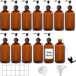 12 Pack Amber Glass Bottles 8oz with Pump Dispensers, Refillable Empty Pump Bottles for Bathroom, Kitchen, Shampoo, Soap, Lotion  Includes 2 Funnels & 12 Labels