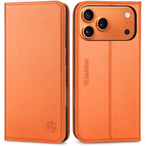 SHIELDON Real Leather Wallet Case for iPhone 17 Pro Max 6.9" 5G 2025 | Kickstand, RFID Blocking Credit Card Holder, Magnetic Closure, Folio, Shockproof Protective Phone Cover - Orange