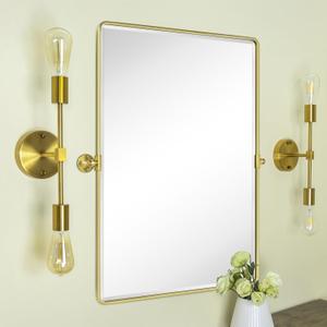 TEHOME 30x40'' Brushed Gold Pivoting Bathroom Vanity Mirror 40x30'' Brushed Brass Metal Framed Rectangle Tilting Beveled Vanity Mirrors for Wall (40"L x 30"W, Brush Gold)