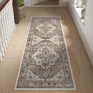 jinchan Boho Runner Rug 2x6 Tribal Low Pile Kitchen Runner Washable Stain Resistant Non Slip Ultra-Thin Faux Wool Soft Accent Rug Bathroom Entryway Hallway Bedroom Brown
