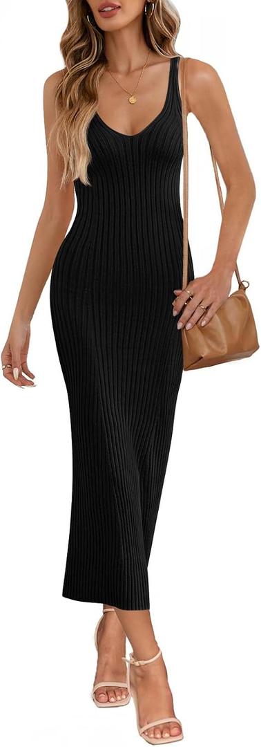 MEROKEETY Womens Summer Bodycon Knit Midi Dress 2026 Spring Beach Vacation V Neck Casual Sleeveless Ribbed Sweater Dresses (Black, S)