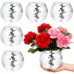 Sunmuliiiy 6 Pcs Disco Ball Vase 4" X 4.7" Disco Ball Vases for Centerpieces Silver Mirror Disco Ball Planter for Wedding Table Centerpieces Birthday Party Decoration