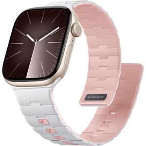 Bandletic Magnetic Silicone Watchband Compatible with Apple Watch Band 44mm 45mm 46mm 49mm 42mm 41mm 40mm 38mm Men Women, Strong Magnet Sport Strap for iWatch Series 11 10 9 8 7 6 5 4 Ultra SE 3 2 1 (White/Pink)