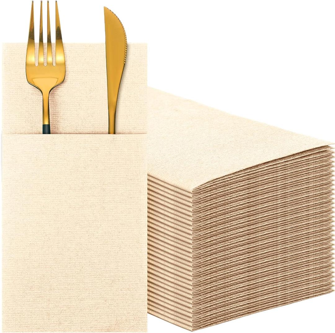 Cindeer 150 Pcs Champagne Linen Dinner Feel Napkins with Built in Flatware Pocket Prefolded Paper Disposable Airlaid Guest Hand Towel for Silverware Wedding Reception Christmas Baby Shower