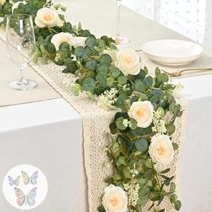 Yastouay 2 Pcs 13.4 Ft Flower Garland with Butterfly, Artificial Eucalyptus Garland with Champagne Flowers Fake Rose Camellia Vine for Table Centerpiece Wedding Baby Shower Room Backdrop Decor