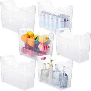 Qunclay 6 Plastic Freezer Organizer Bins with Wheel Set Clear Tall Narrow Kitchen Pantry Organizer Snack Storage Containers for Office Refrigerator(10 x 13.3 x 5.5 Inches)
