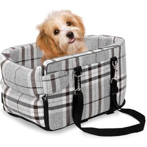 Dog Center Console Seat for Small Dogs & Puppies - Anti-Collapse Pet Car Seat With Soft Cushion, Safety Belt - Portable Armrest for Dogs & Cats Under 15 lbs (Grid-Grey)