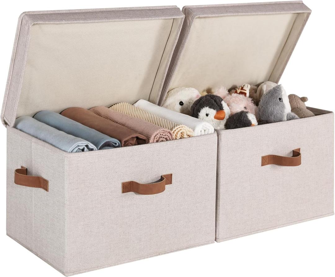 StorageWorks Fabric Storage Bins with lid, Decorative Boxes for Shelves, Closet Organizer Basket with Handles, Jumbo, Brown and Beige, 2-Pack