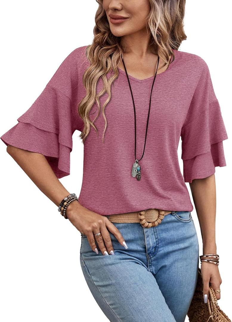 Womens Blouses Ruffle Sleeve T Shirts V Neck Double Tiered Bell Sleeve Top Spring Fall Summer Fashion Clothes Cute Tunic (Medium, Rose)