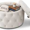Oval Storage Ottoman with Button-Tufted Diamond Stitch, Upholstered Storage Bench with Lift Top, Multifunctional Footrest Stool for Living Room, Bedroom, Entryway (White), Large