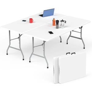 HLPB Folding Table - 2 Pcs, 6 ft Portable Camping Table with Handle and Safety Locks, Foldable Plastic Dining Table for Indoor/Outdoor Use, Perfect for Picnics and Parties, 71 inches x 29 inches x 29 inches