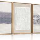 HOURIA Blue White Abstract Neutral Framed Canvas Wall Art Set,Minimalist Boho Lines Wall Decor,Modern Neutral Art Print,Mid Century Blue Artwork for Living Room,Bedroom,Office- 16"x24"x3 ( Blue Neutral Abstract Wall Art)