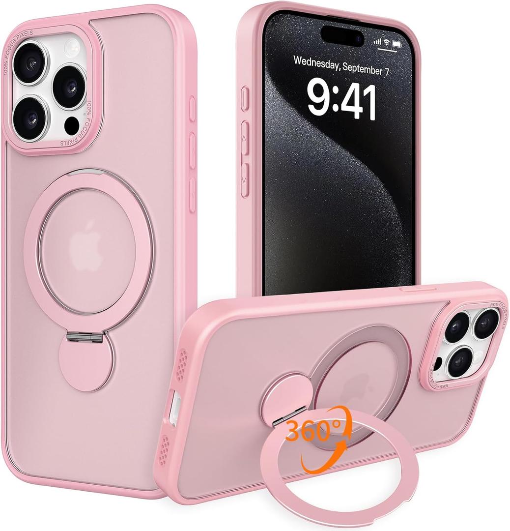 IYH Magnetic Case for iPhone 15 Pro 6.1 inches, 360 Rotatable Ring Stand, MagSafe Compatible, Military-Grade Shockproof, Translucent Design Skin-Feel TPU Frame(Pink)